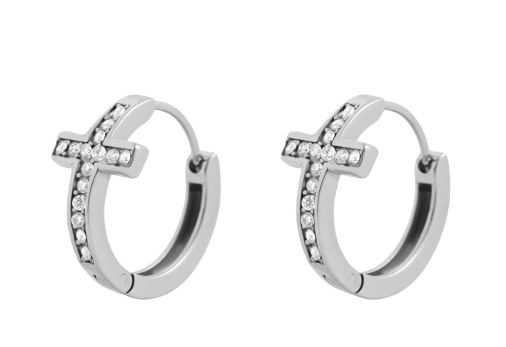 Stainless Steel Stone Cross Huggies Earrings Lightweight Wedding Faith Christmas
